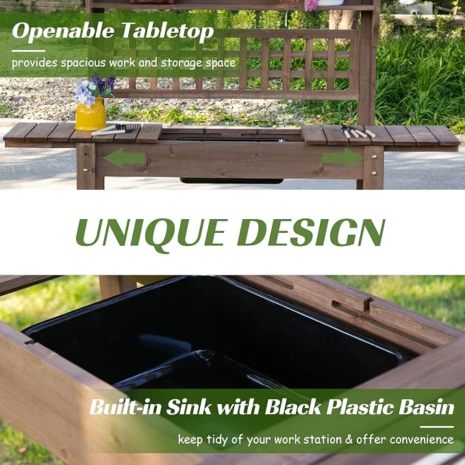 Outsunny Outdoor Potting Bench Table, Wooden Workstation - Image 4