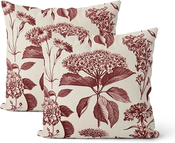 Burgundy Red Pillow Covers 18x18 Inch 2 Pcs Boho Vintage Floral Decor Throw by DAFENA