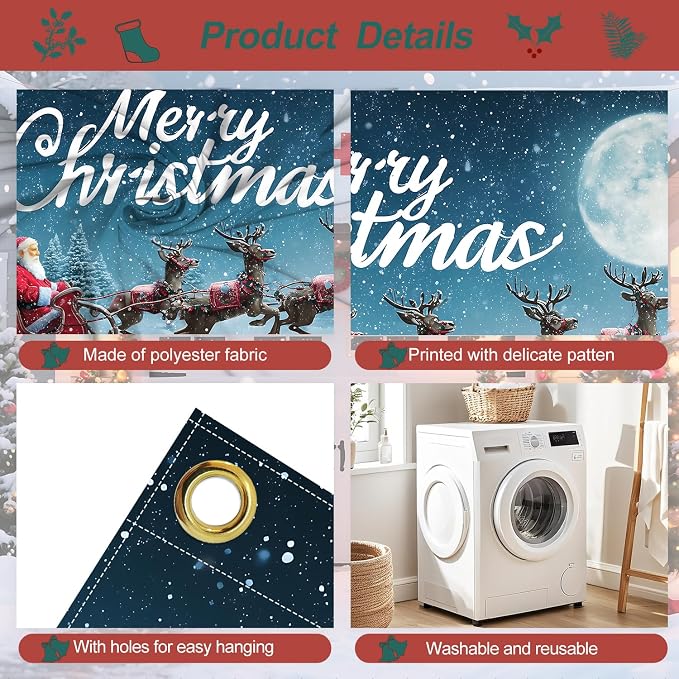 Merry Christmas Red Sleigh Garage Door Banner 6x13FT, Santa - Image 3