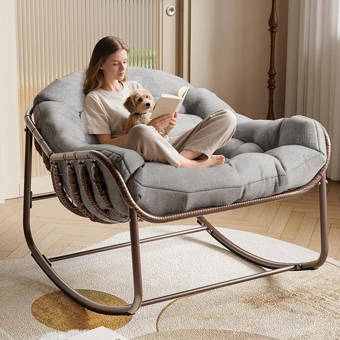 GarveeLife Outdoor Papasan Rocking Chair, Oversized Wicker Lounge Chair by GarveeLife