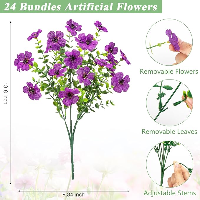 Bassion Artificial Flowers for Outdoors, 24 Bundles UV Resistant Fake Flowers - Image 3