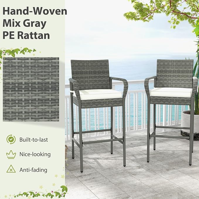 Tangkula Patio Wicker Barstools Set of 2, Outdoor PE Rattan Bar Chairs - Image 7