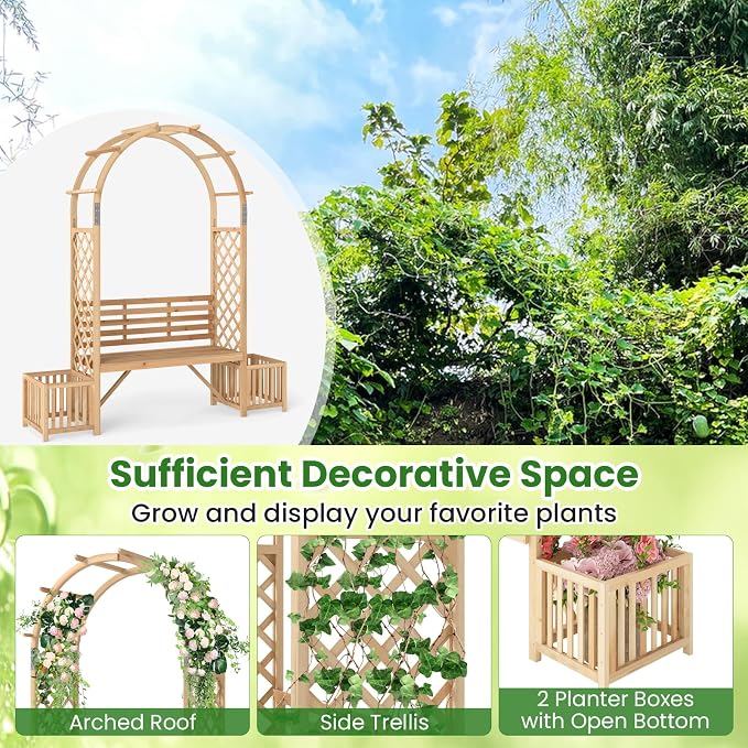 Giantex Outdoor Bench with Garden Arch & Planters, Wooden Pergola Archway - Image 7
