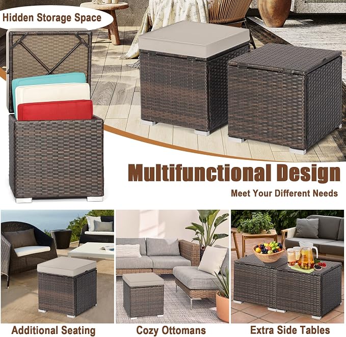 DORTALA Outdoor Storage Ottoman Wicker 2 Piece, Patio Ottomans PE Rattan Foot - Image 7