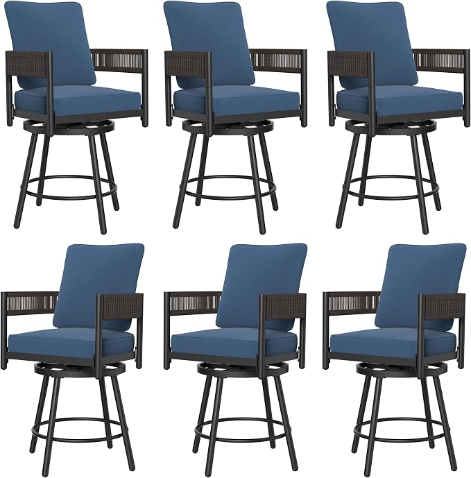 Grand patio Outdoor Swivel Bar Stools Set of 6, Curved Woven Wicker Backrest by GrandPatio