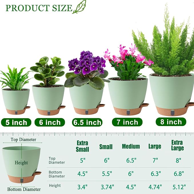 Self Watering Pots for Inoor Ourdoor Plants 8/7/6.5/6/5 Inch Plastic Planters - Image 6