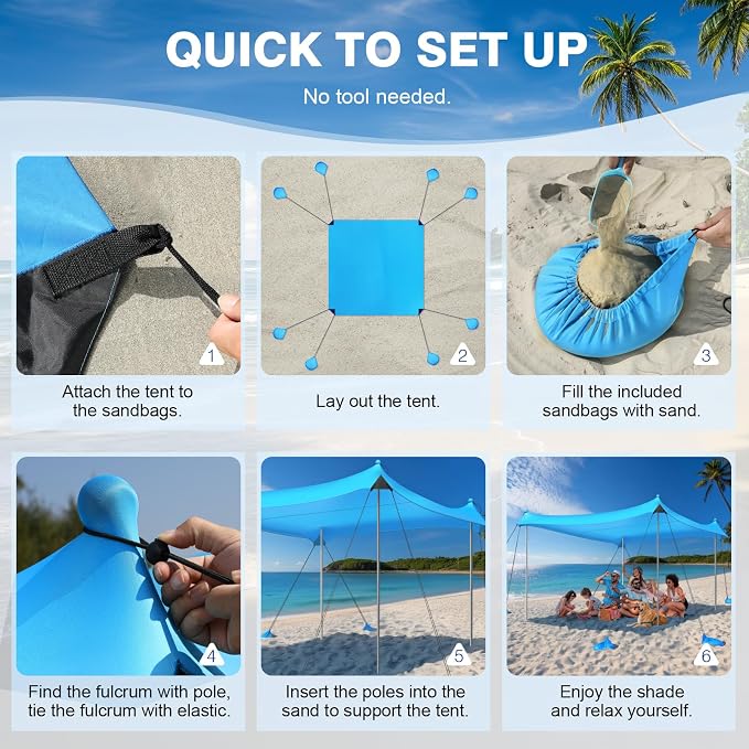 Rhino Valley Beach Tent Shade Canopy UPF50+ Protection, 8 Sandbags, 4 Stability - Image 7