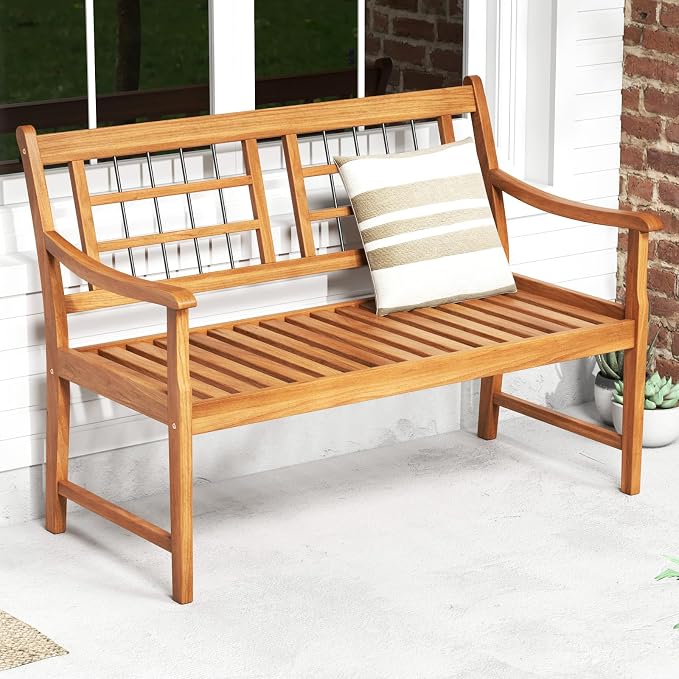 HAPPYGRILL Outdoor Acacia Wood Bench, 2-Person Patio Bench - Image 2