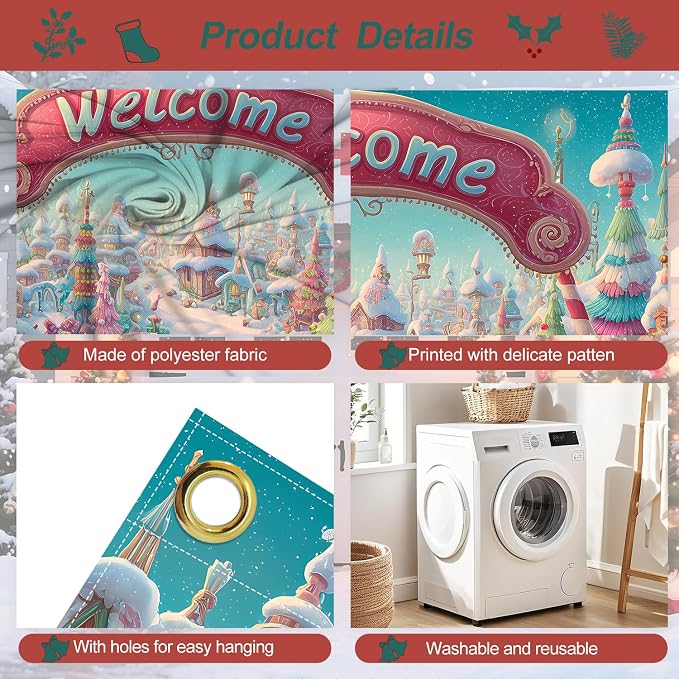 Welcome Christmas Town Garage Door Cover 6x13FT, Candy Land Style Winter - Image 3