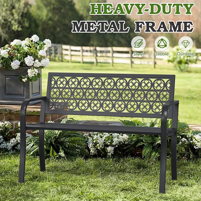 44" Outdoor Garden Bench, Iron Metal Frame Patio Bench - Image 7