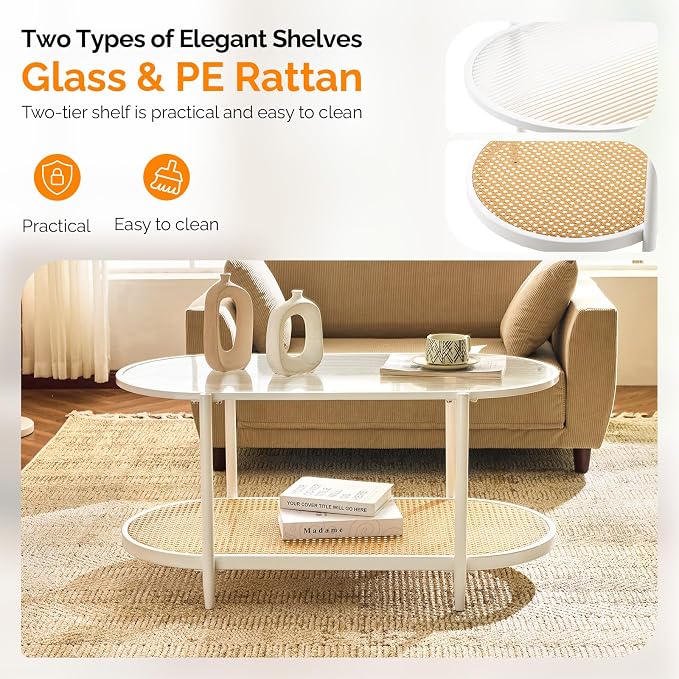 VINGLI 38" Rattan Oval Coffee Table, Glass Metal Center Table, Modern Coffee - Image 3