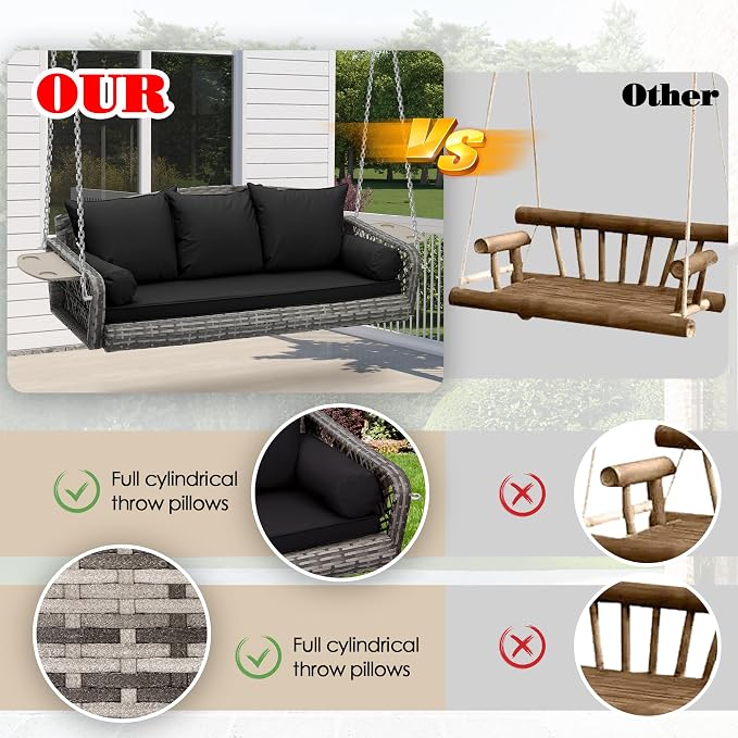 3-Person Hanging Porch Swing, Outdoor Wicker Hanging Swing Chair, 76inch Wicker - Image 2