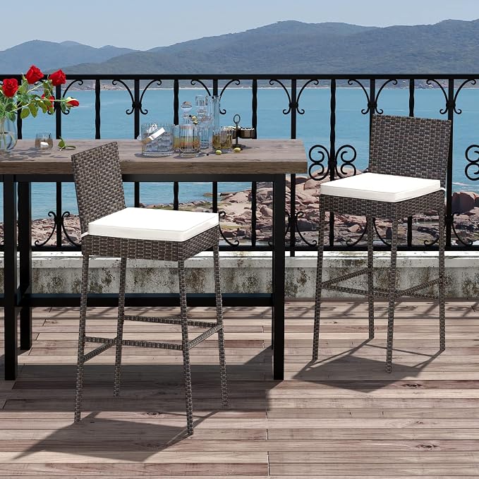 COSTWAY Outdoor Wicker Bar Stools Set of 4, Footrest and Backrest, Rattan - Image 8