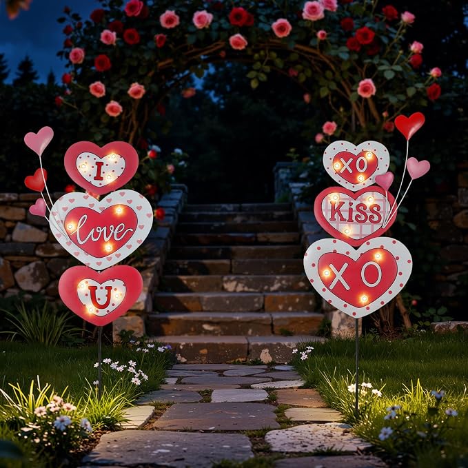 Lewondr 2 Pcs Valentine's Day Decorations Outdoor, Metal Solar Pathway Lights by Lewondr