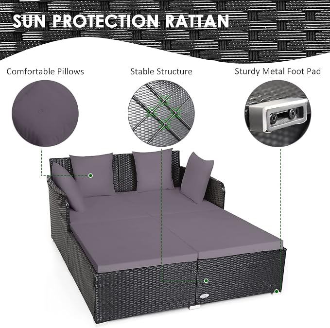 COSTWAY Outdoor Patio Rattan Daybed, Sponge Cushioned Loveseat Sofa - Image 9