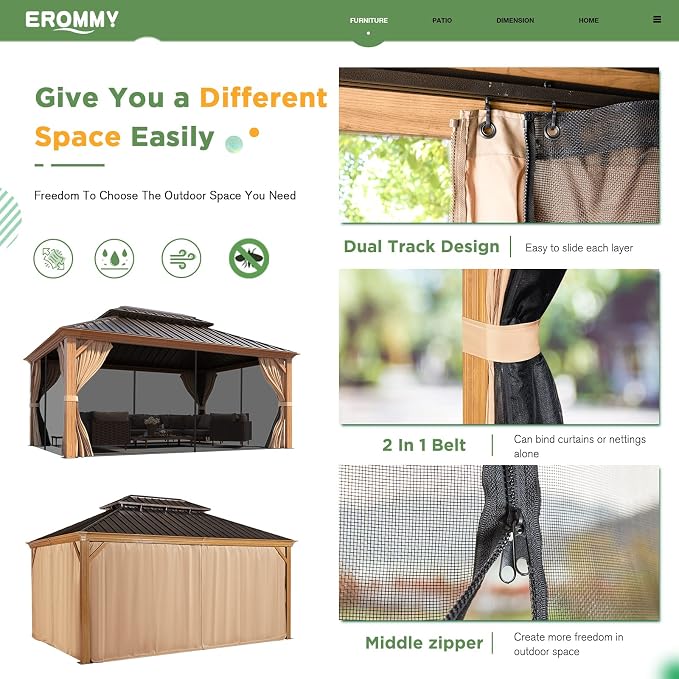 EROMMY 12'x16' Hardtop Gazebo, Wood Grain Aluminum Frame Outdoor Gazebo - Image 7