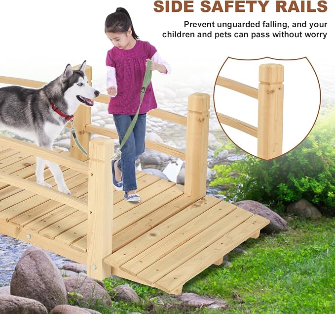 HOMEDIARY 5 FT Fir Wood Garden Bridge, Outdoor Classic Wood Arc Footbridge - Image 7