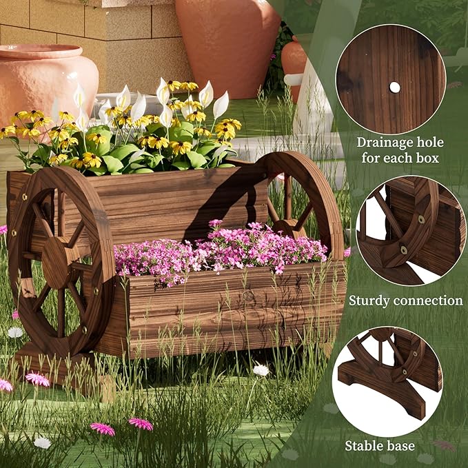 Wooden Wagon Planter Flower Cart - Image 4