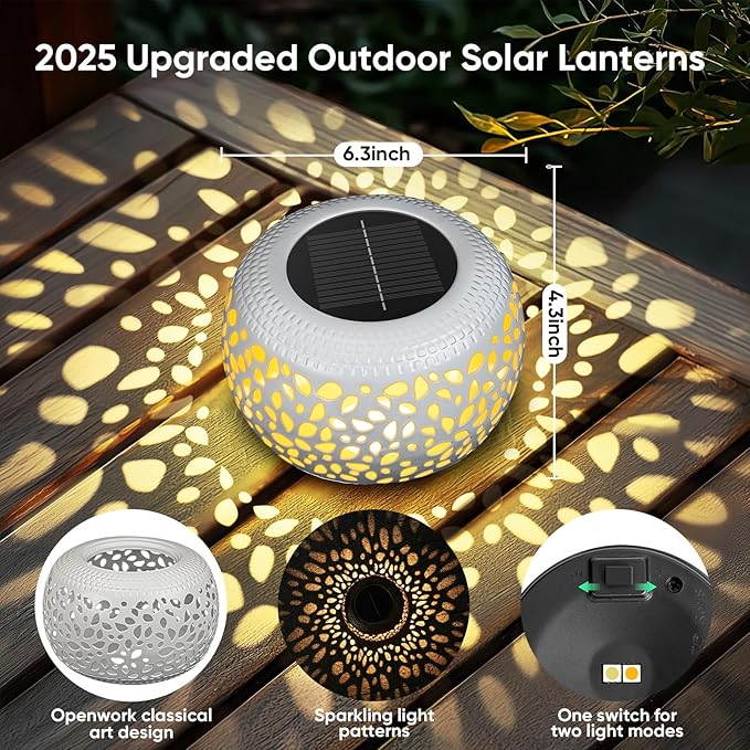 Solar Lanterns Outdoor Waterproof: 2 Pack White Hollow Out Metal Solar Lights - Image 4