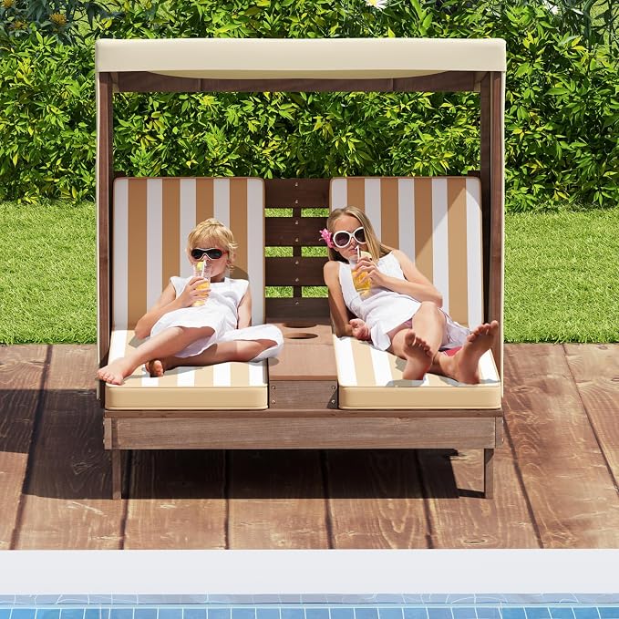 Costzon Kids Lounge Chair Outdoor, Wood Double Seat Chaise Lounge - Image 4
