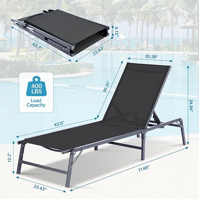 Outdoor Chaise Lounge Chair Set of 2, Foldable & Assemble-Free, 6 Adjustable - Image 3
