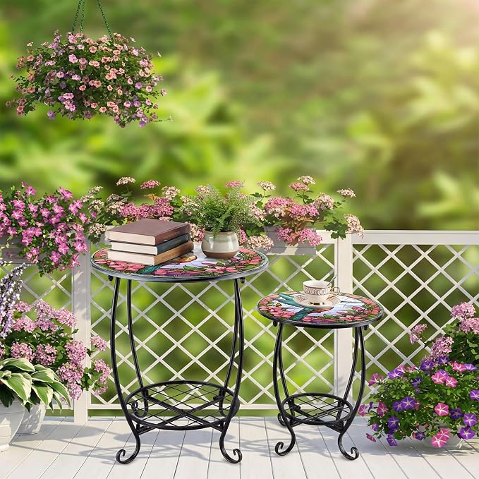 2 Pcs Outdoor Side Table Small Patio Round Mosaic Accent Indoor End Table Plant - Image 7