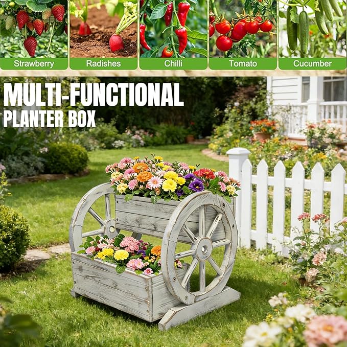 NestNature Wooden Wagon Planter Box, Raised Garden Bed, Decorative Garden - Image 3