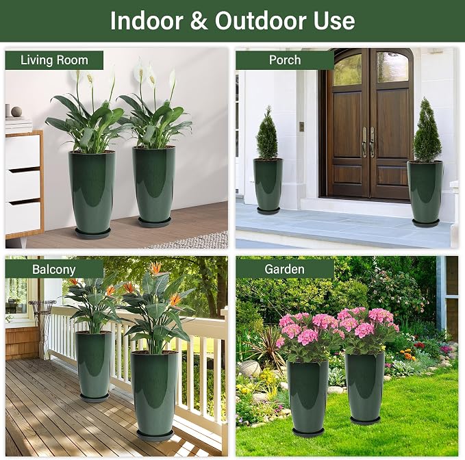 Set of 2 Lightweight Ceramic-Look Tall Planter, 21 inch Large Plastic Planter - Image 6