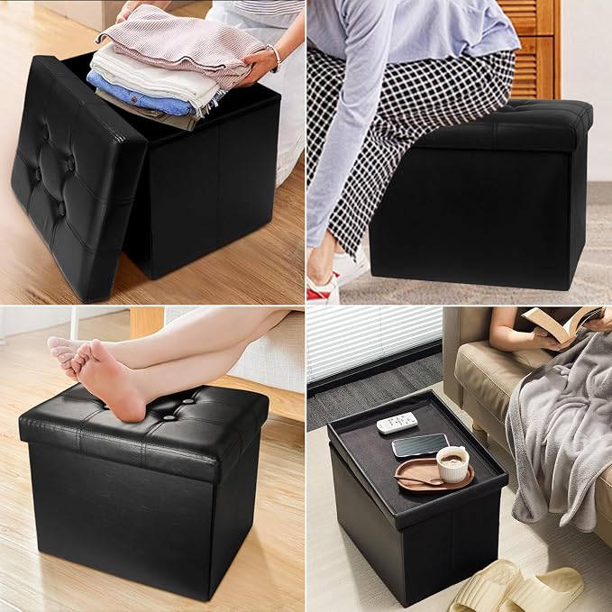 AmasSmile Storage Ottoman Folding Foot Rest Stool, Leather Footstool Bench - Image 5