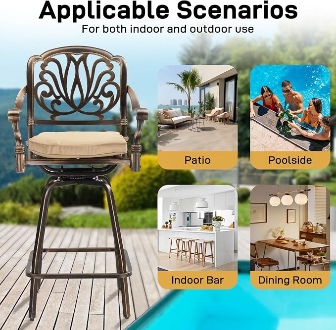 Outvita Set of 2 Outdoor Swivel Bar Stools-Cast Aluminum, Bar Height Patio - Image 6