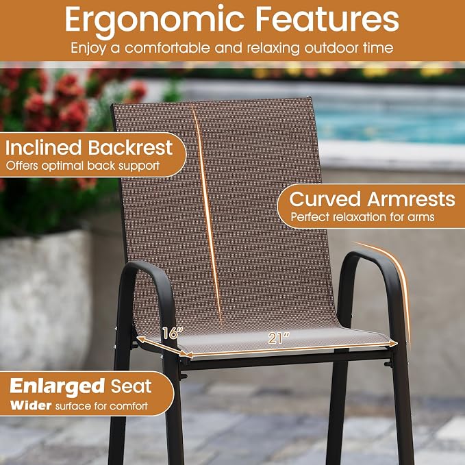 Tangkula Outdoor Bar Stools Set of 2, Enlarged Seat & Metal Frame, Tall Patio - Image 7