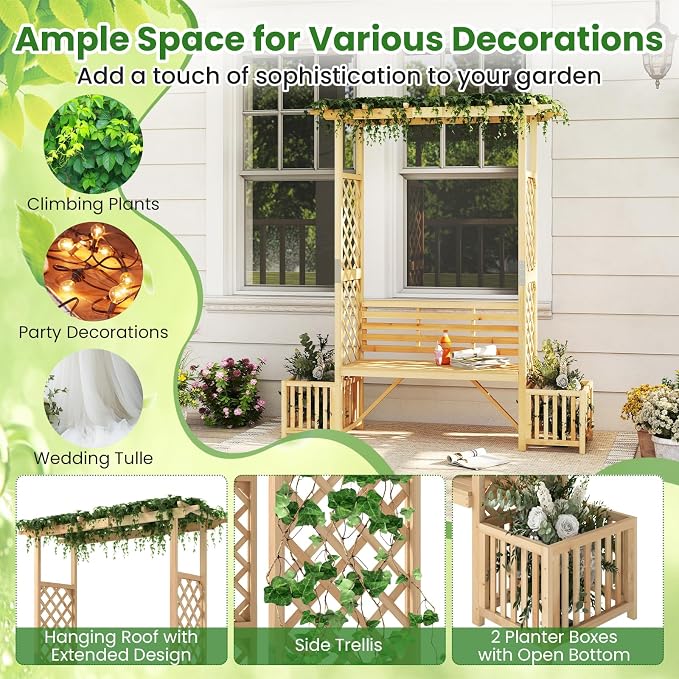 Giantex Outdoor Bench with Garden Arbor & 2 Planter Boxes, Wooden Trellis - Image 7