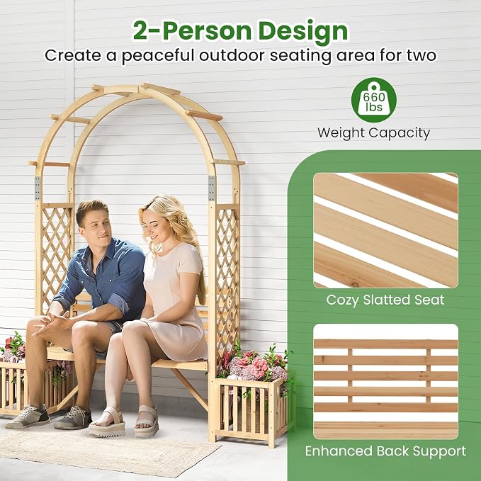 Giantex Outdoor Bench with Garden Arch & Planters, Wooden Pergola Archway - Image 4