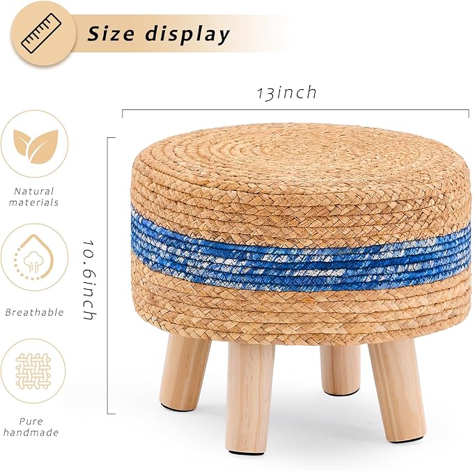 Handwoven Round Ottoman, Natural Water Hyacinth Outdoor Patio Pouf Seagrass Low - Image 3