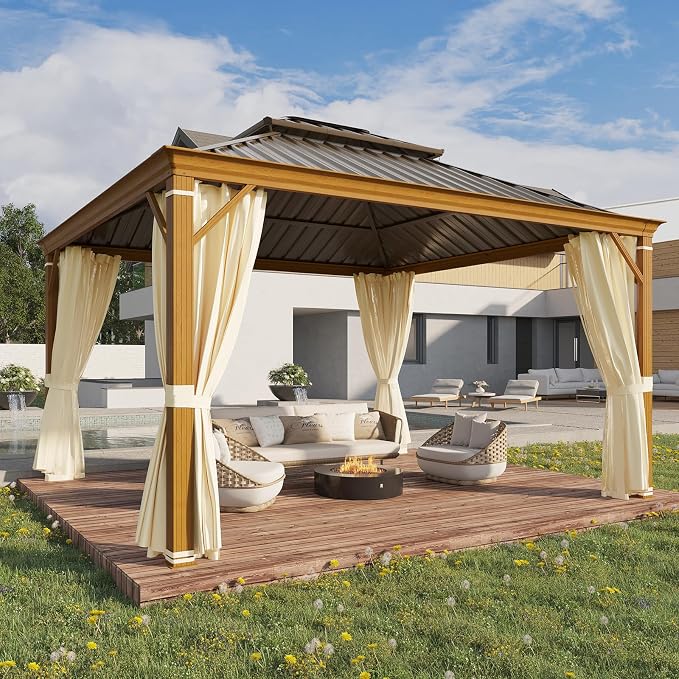 YOLENY 12' x 12' Hardtop Gazebo, Wood Grain Aluminum Frame Canopy by YOLENY