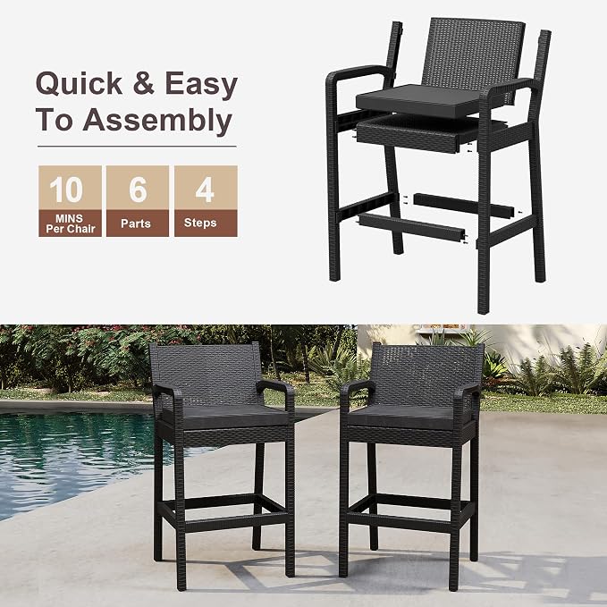 Outdoor Bar Stools Set of 4, Wicker Bar Chair - Image 6