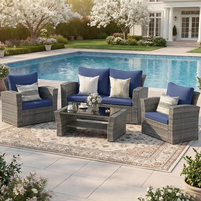 Wisteria Lane 4 Piece Patio Furniture Set, Wicker Outdoor Patio Conversation by WisteriaLane