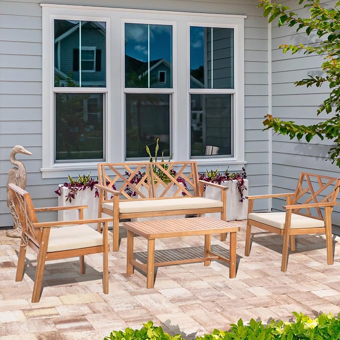 Outdoor Patio Furniture Set, 4 Piece Patio Sofa Bench and 2 Single Sofa Chairs by ColorYourLife
