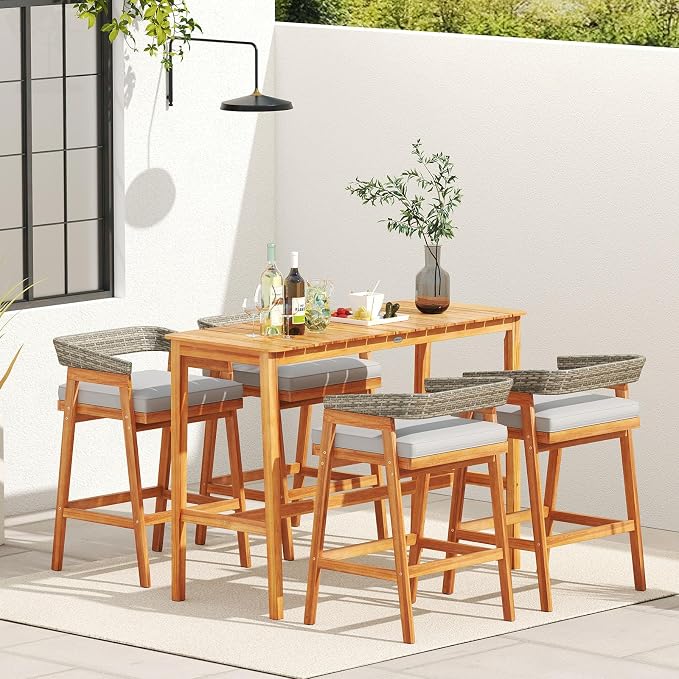 Tangkula 5 Piece Patio Bar Set, Outdoor Acacia Wood Counter Height Table - Image 2