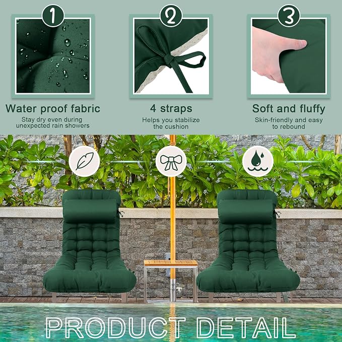Tudomro 2 Pcs Dark Green 66'' Outdoor Chaise Lounge Cushion Waterproof Patio - Image 4