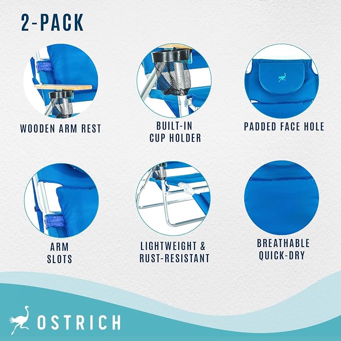 Ostrich Deluxe 3N1 Padded Beach Chair w/ Face Cushion & Arm Holes, Cup Holder - Image 4