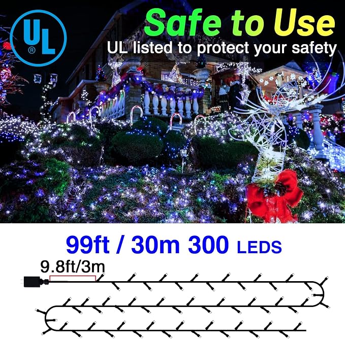 KNONEW Outdoor Christmas Lights 99ft 300 LED String Lights 8 Modes & Timer - Image 3