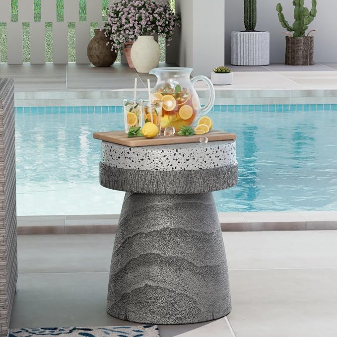 COSIEST Outdoor Side Table w Spotted Tabletop, Concrete Side Table, Round Patio - Image 6