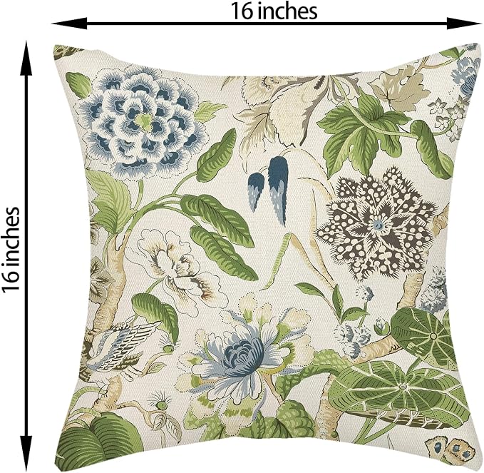 Sage Green Boho Pillow Covers 16x16 Inch 2 Pcs Blue Green Vintage Floral Bird - Image 6