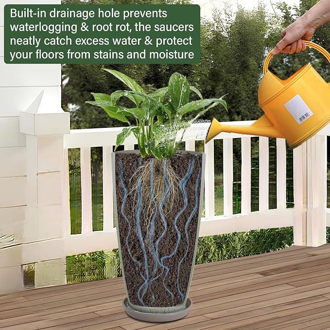 Set of 2 Lightweight Ceramic-Look Tall Planter, 21 inch Large Plastic Planter - Image 5