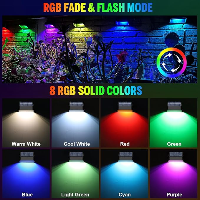 Solar Fence Lights, Warm White & RGB Fence Lights Outdoor Step Lights Outdoor - Image 4