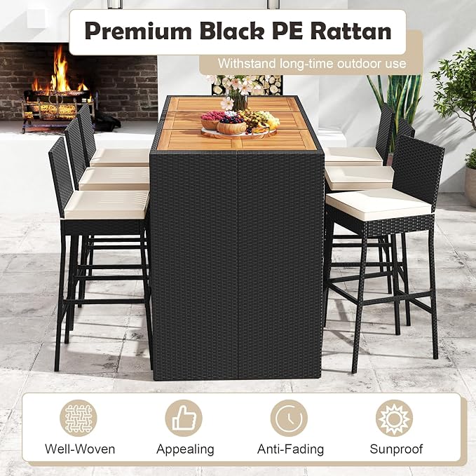 Tangkula 7 Piece Patio Wicker Bar Set, Patiojoy Outdoor Acacia Wood Bar Height - Image 9