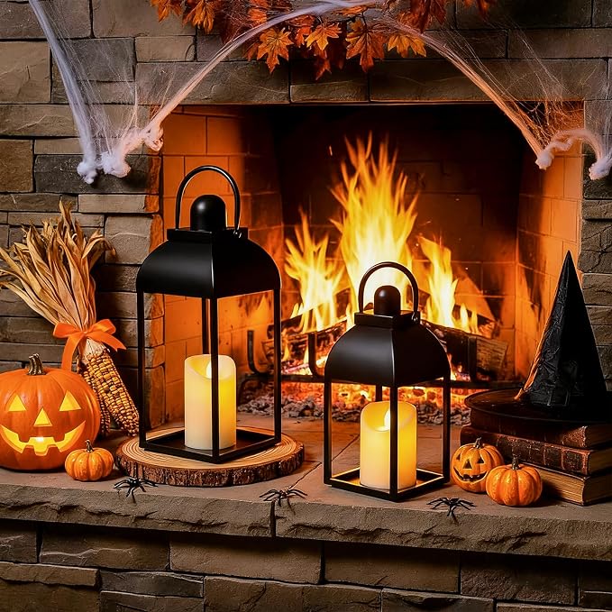 Lanterns Decorative Indoor Outdoor 15" 11" Set of 2 Lantern Decor Black Metal - Image 5