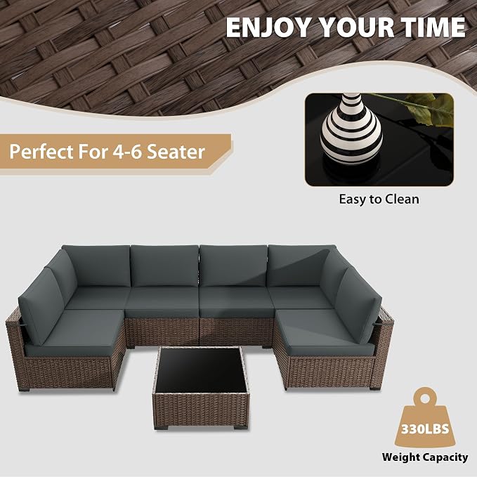 KIGOTY Patio Furniture Set, 7 Pieces Modular Outdoor Sectional Sofa, PE Rattan - Image 6