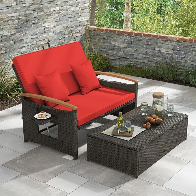 COSTWAY Patio Rattan Daybed, Outdoor Loveseat Sofa - Image 3